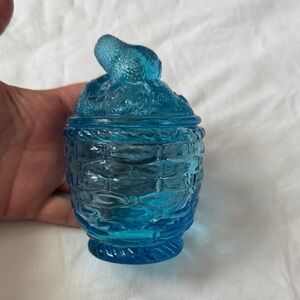 Blue Glass strawberry top lid basket Jar vintage cottage core sugar bowl